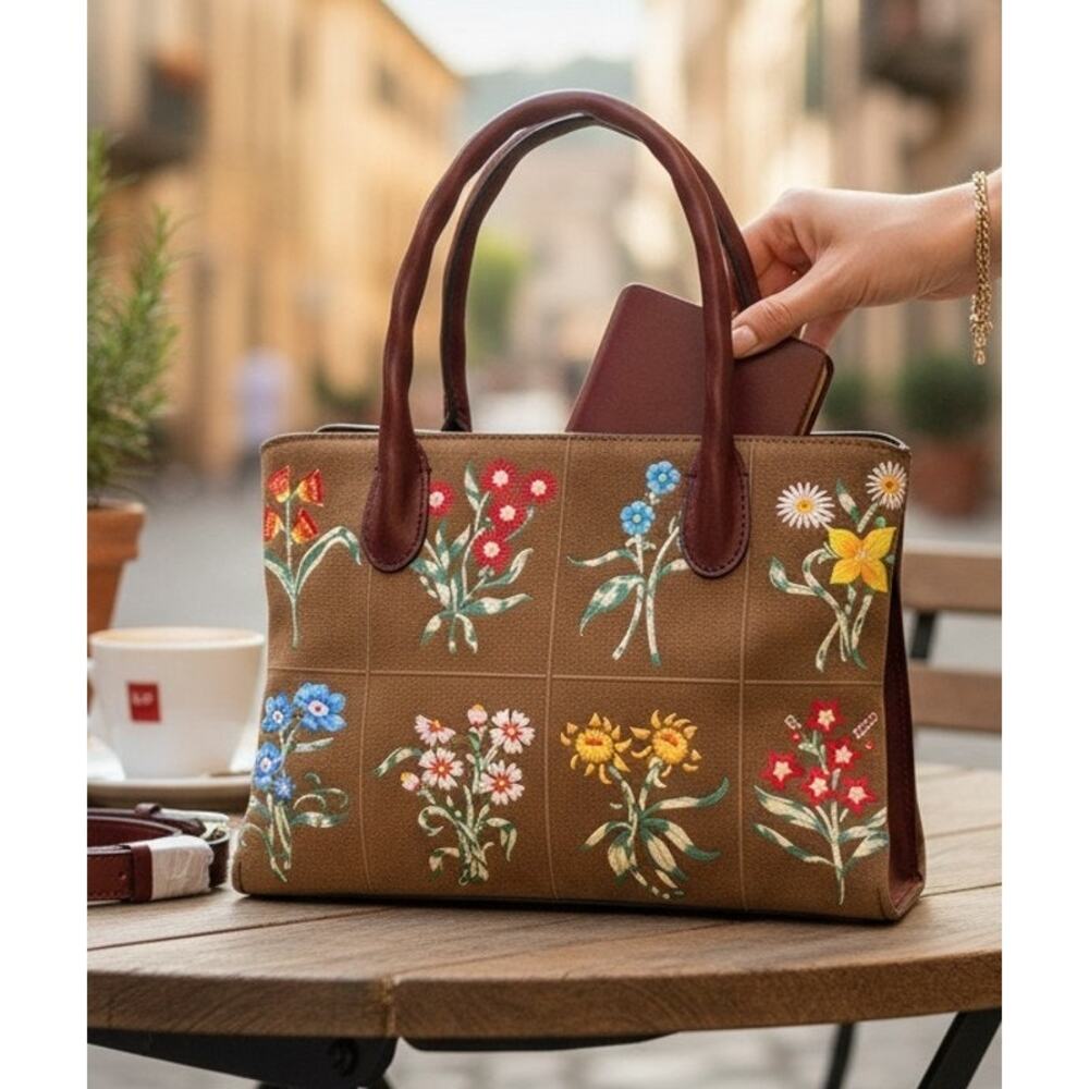 Patricia Nash Tuscan Fields Embroidered Floral Genovese Satchel – Khaki, NWT